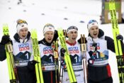From left, Jens Luraas Oftebro, Espen Andersen, Jarl Magnus Riiber and Joergen Graabak of Norway celebrating in the fini