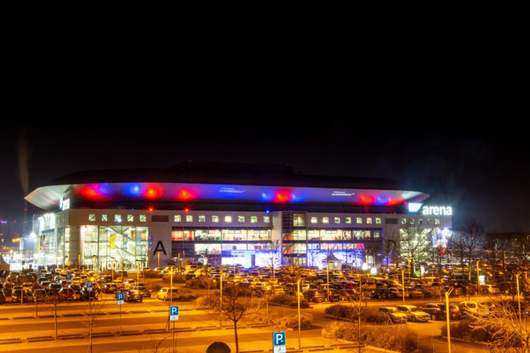 Night Shot Of The Brightly Lit SAP Arena In Mannheim At A Home Game Of The Adler Mannheim Team