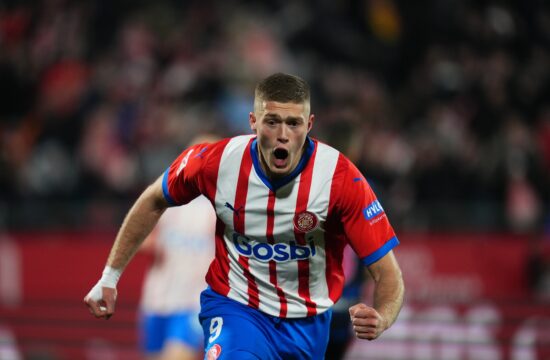 Artem Dovbyk of Girona FC celebrates after scoring the 2-1 during the La Liga EA Sports match between Girona FC and Sevilla FC played at Montilivi Stadium on January 21, 2024 in Girona