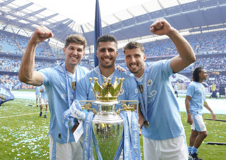 Manchester, England, 19th May 2024. Rodri of Manchester City (C), John Stones of Manchester City (L) and Ruben Dias of M