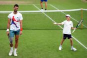Novak Djokovic with his son Stefan, on day ten of the 2024 Wimbledon Championships at the All England Lawn Tennis and Croquet Club, London. Picture date: Wednesday July 10, 2024.