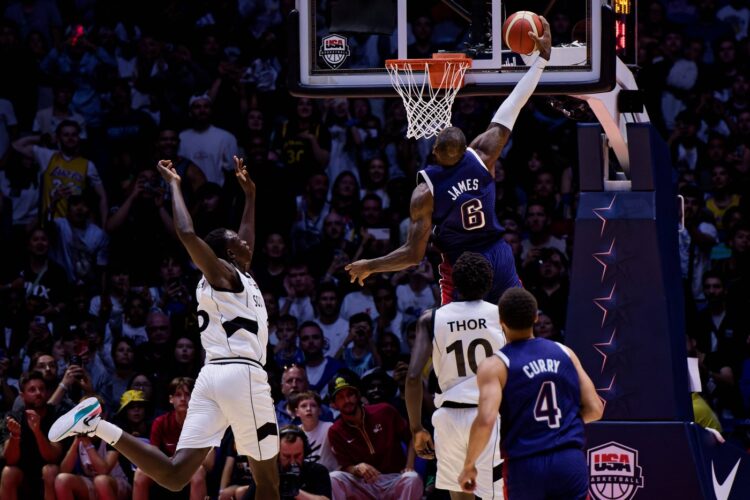London, England, July 20 2024: LeBron James (6 USA) in action during the USA Basketball Showcase game between USA and So