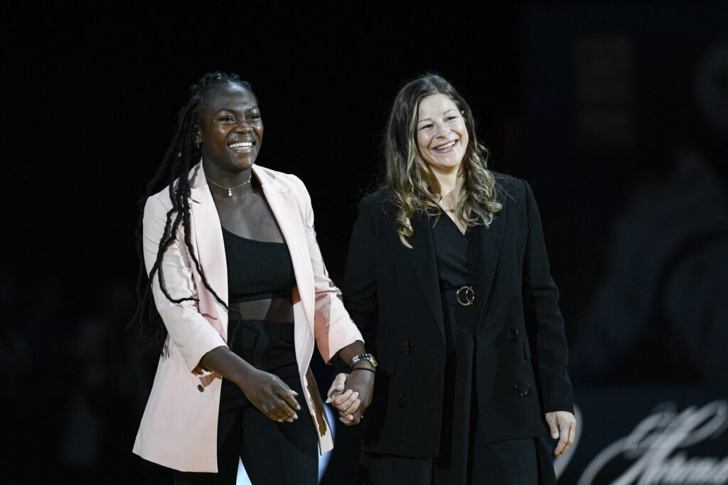 Clarisse Agbegnenou (left) of France and Tina Trstenjak of Slovenia during the Paris Grand Slam 2021
