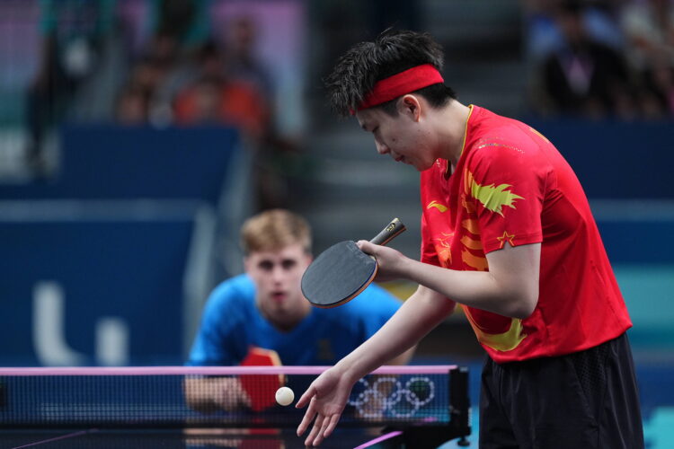 PARIS, FRANCE - JULY 31: Wang Chuqin of Team China competes during the Table tennis, Tischtennis - Men s Singles Round o