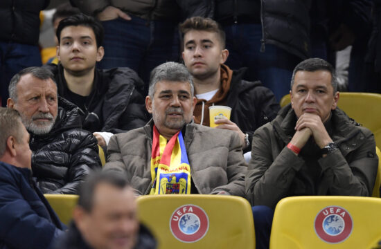 Romania v Switzerland, November 21, 2023 Florin Grindeanu and Marcel Ciolacu react during the UEFA European Qualifying g