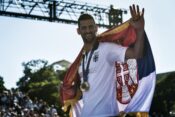 Paris, Greece. 05th Aug, 2024. Men's Tennis Singles gold medalist Novak Djokovic of Team Serbia celebrating as fans welcome champions at the Parc des Champions at Trocadero, during the Paris 2024 Olympic Games on August 5, 2024. Photo by Firas Abdullah/AB