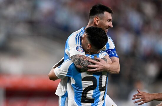 East Rutherford, United States. 16th Nov, 2022. EAST RUTHERFORD, UNITED STATES - JULY 10: Lionel Messi of Argentina celebrates after scoring the team's second goal with Enzo Fernandez of Argentina during the CONMEBOL Copa America USA 2024 match between Ca