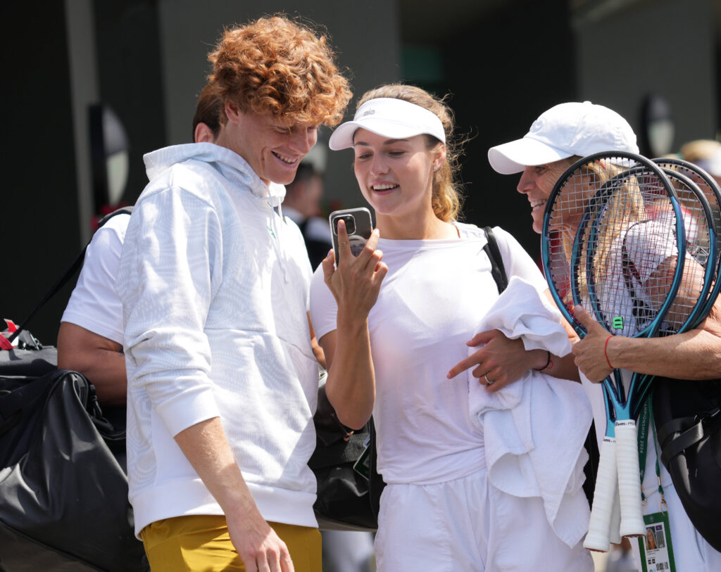 Tennis - 2024 Wimbledon Championships Training practice Yannick Sinner (Italy) with girlfriend, Anna Kalinskaya share a