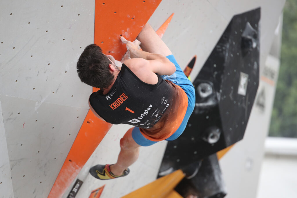 Jernej Kruder during semi-final of Triglav The Rock boulder climbing competition in Ljubljana on May 25, 2019