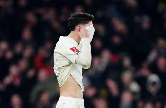 Arsenal's Kai Havertz reacts after missing a penalty in the shoot-out during the Emirates FA Cup third round match at the Emirates Stadium, London. Picture date: Sunday January 12, 2025.