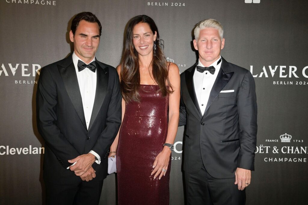 Roger Federer, Ana Ivanovic und Bastian Schweinsteiger bei der Eröffnung des Laver Cup 2024 im Westhafen Event- und Kongresszentrum. Berlin, 19.09.2024