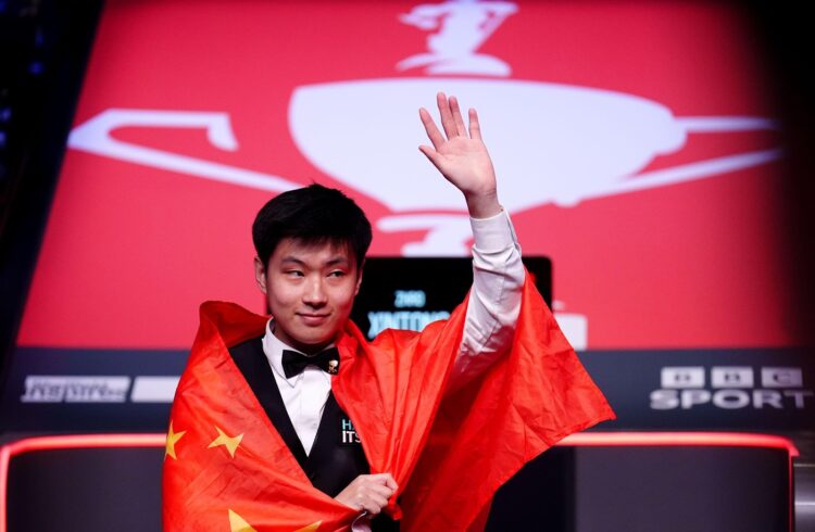 Zhao Xintong celebrates victory in the final match against Mark Williams (not pictured) following day seventeen of the Halo World Snooker Championship at the Crucible Theatre, Sheffield. Picture date: Monday May 5, 2025.