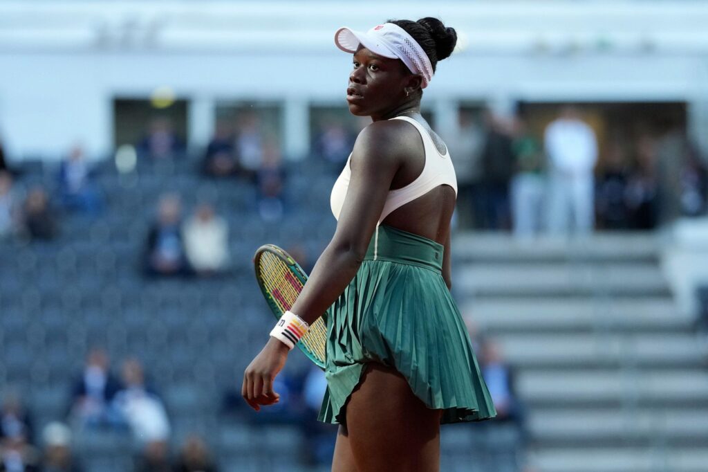 Rome, Italy. 09th May, 2025. Victoria Mboko of Canada during the match against Coco Gauff of United States of America at the Internazionali BNL d'Italia 2025 tennis tournament at Foro Italico in Rome, Italy on May 9, 2025. Coco Gauff won 3-6, 6-2, 6-1. Cr