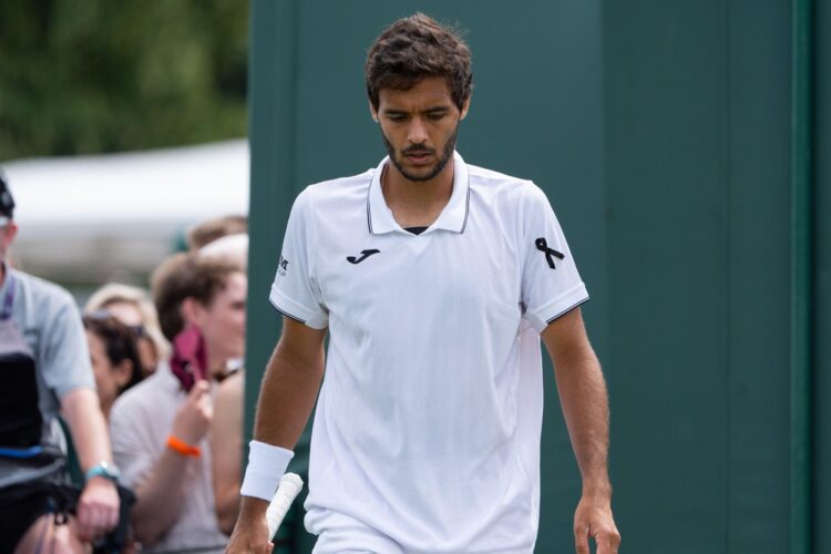 LONDON, UNITED KINGDOM - JULY 4: Francisco Cabral of Portugal wearing a black ribbon in memory of compatriot Diogo Jota who died at the age of 28 during Day Five of The Championships Wimbledon 2025 at All England Lawn Tennis and Croquet Club on July 4, 20