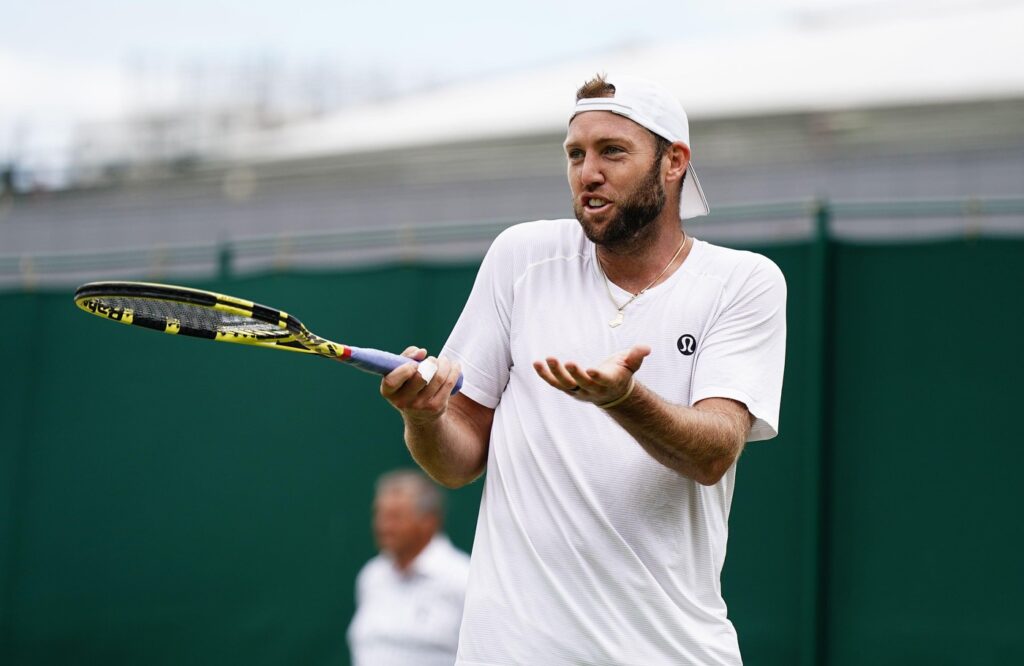 Jack Sock reacts during his Gentlemen's Singles third round match again Jason Kubler during day six of the 2022 Wimbledon Championships at the All England Lawn Tennis and Croquet Club, Wimbledon. Picture date: Saturday July 2, 2022.