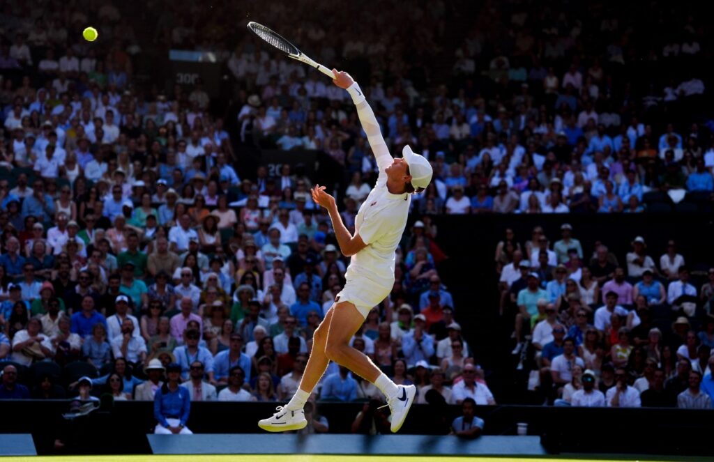 Jannik Sinner during his Gentlemen's Singles semi-final match against Novak Djokovic on day twelve of the 2025 Wimbledon Championship
