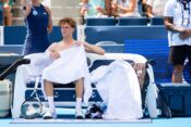 MASON, OHIO - AUGUST 13: Jannik Sinner of Italy changes shirt during changeover against Adrian Mannarino of France during Day 7 of the Cincinnati Open at the Lindner Family Tennis Center on August 13, 2025 in Mason, Ohio. (Photo by Mauricio Paiz)