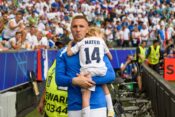 Munich, Germany, June 20th 2024: Jasmin Kurtic (14 Slovenia) with one of his kids after the UEFA EURO, EM, Europameister