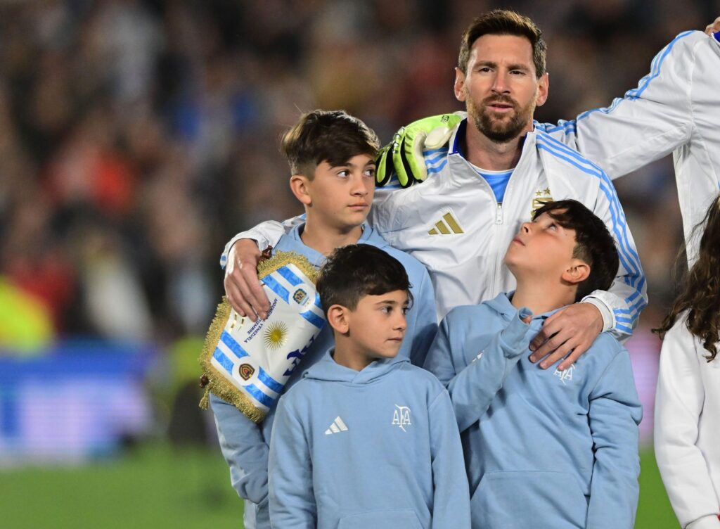 Buenos Aires, Argentina - September 4: Lionel Messi of Argentina sings the national anthem with his three children prior to the FIFA World Cup 2026 Qu
