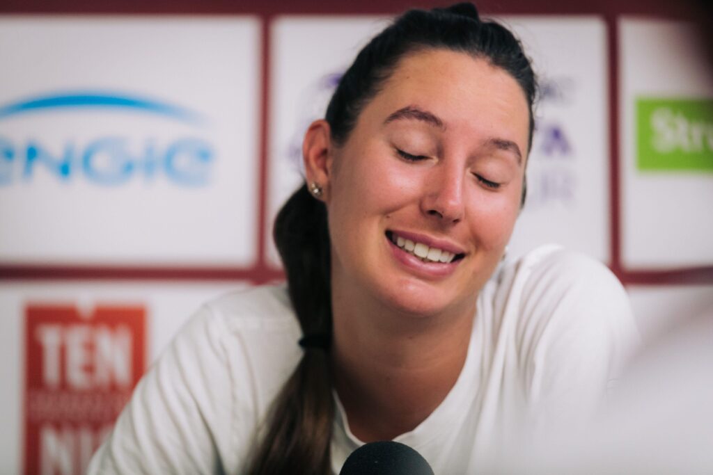 Strasbourg, France. 18th May, 2022. Oceane Dodin of France speaks to the media following victory over Ekaterina Makarova in her Round of 16 Singles match of the 2022 Internationaux de Strasbourg at the Tennis Club de Strasbourg in Strasbourg, France Dan O