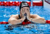Singapore, Singapore. 03rd Aug, 2025. Benedetta Pilato of Italy reacts after winning the bronze medal in the swimming 50m Breaststroke Women Final during the 22nd World Aquatics Championships at the WAC Arena in Singapore (Singapore), August 3, 2025. Cred