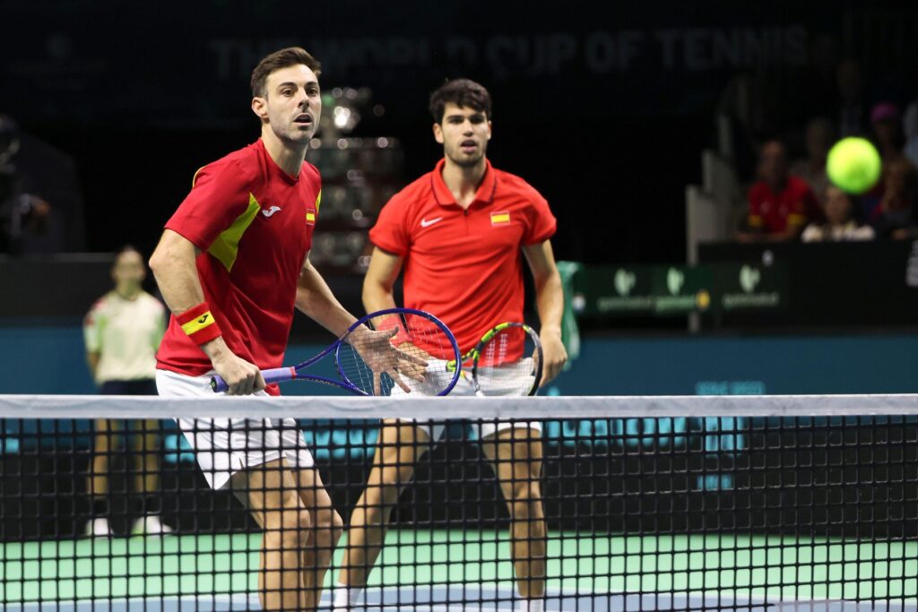 Malaga, Espagne. 20th Nov, 2024. Marcel Granollers and Carlos Alcaraz of Spain during the 2024 Davis Cup Finals quarter-final tennis tie between Netherlands and Spain at Palacio de Deportes Jose Maria Martin Carpena on 19 November 2024 in Malaga, Spain -