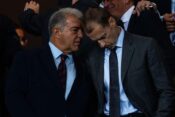 Barcelona, Spain, 1, October, 2025. FC Barcelona president Joan Laporta with Aleksander Čeferin during Champions League match between FC Barcelona and PSG in Olympic Stadium Lluis Companys, Barcelona, Spain, on October 1, 2025.