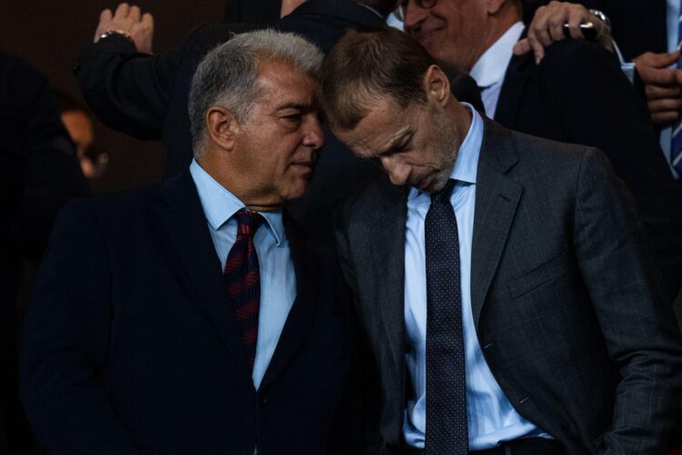 Barcelona, Spain, 1, October, 2025. FC Barcelona president Joan Laporta with Aleksander Čeferin during Champions League match between FC Barcelona and PSG in Olympic Stadium Lluis Companys, Barcelona, Spain, on October 1, 2025.