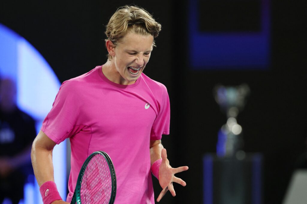 Slovenia's Ziga Sesko reacts on a point against USA's Keaton Hance during their boy's junior singles final match on day fifteen of the Australian Open tennis tournament in Melbourne on February 1, 2026.,Image: 1071058252, License: Rights-managed, Restrictions: -- IMAGE RESTRICTED TO EDITORIAL USE - STRICTLY NO COMMERCIAL USE --, Model Release: no