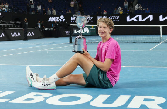 Slovenia's Ziga Sesko poses with the winner's trophy after his victory against USA's Keaton Hance in their boy's junior singles final match on day fifteen of the Australian Open tennis tournament in Melbourne on February 1, 2026.,Image: 1071076962, License: Rights-managed, Restrictions: -- IMAGE RESTRICTED TO EDITORIAL USE - STRICTLY NO COMMERCIAL USE --, Model Release: no