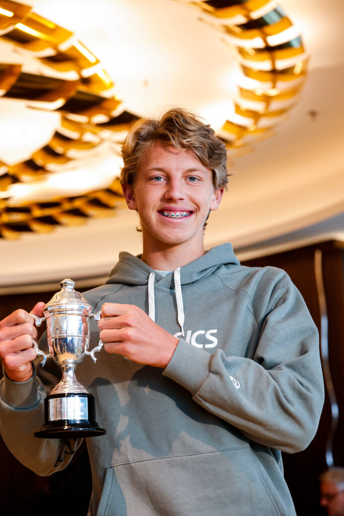 Ziga Sesko, Junior Australian Open winner with his trophy at press conference