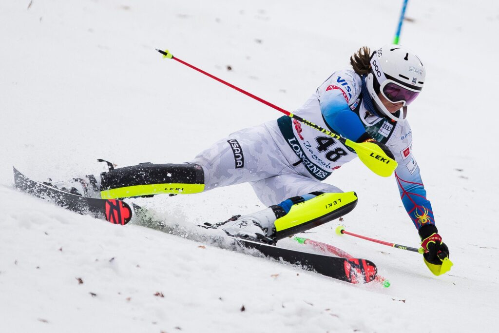 Zagreb, Croatia, 4th January 2022. Zoe Zimmermann of USA competes during the Audi Fis Ski World Cup Snow Queen Trophy - Women's Slalom in Zagreb. Januray 04, 2022. Credit: Nikola Krstic/Alamy