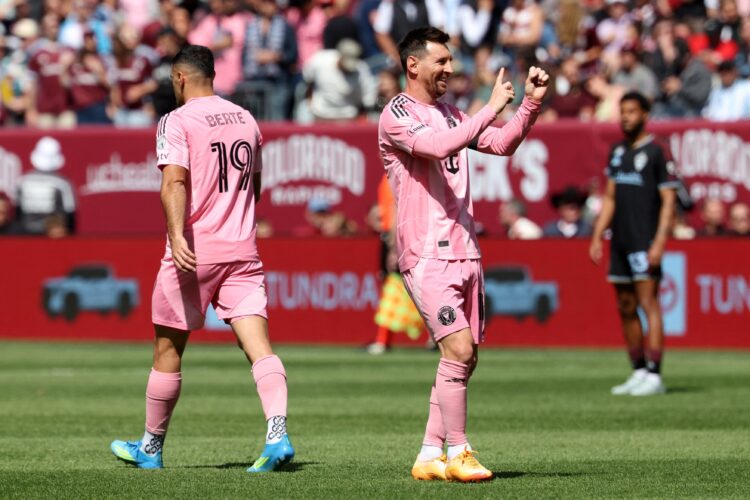 DENVER, COLORADO - APRIL 18: Lionel Messi #10 of Inter Miami CF celebrates scoring his team's first goal during the MLS match between Colorado Rapids and Inter Miami CF at Empower Field At Mile High on April 18, 2026 in Denver, Colorado. Tanner Pearson/Clarkson Creative,Image: 1092595416, License: Rights-managed, Restrictions: , Model Release: no