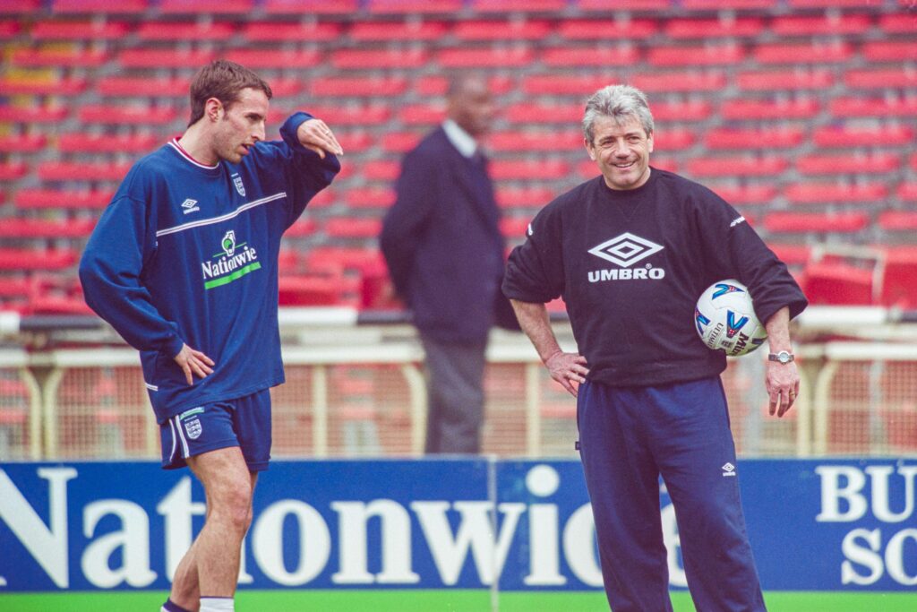 Ex England manager Kevin Keegan and Gareth Southgate who went on to become England manager discuss options at Wembley during training in 2000
